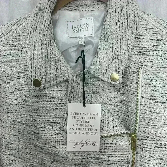 NWT Jaclyn Smith Wool Blend Tweed Moto Jacket Gold Accents Med Item#3K - Picture 5 of 10